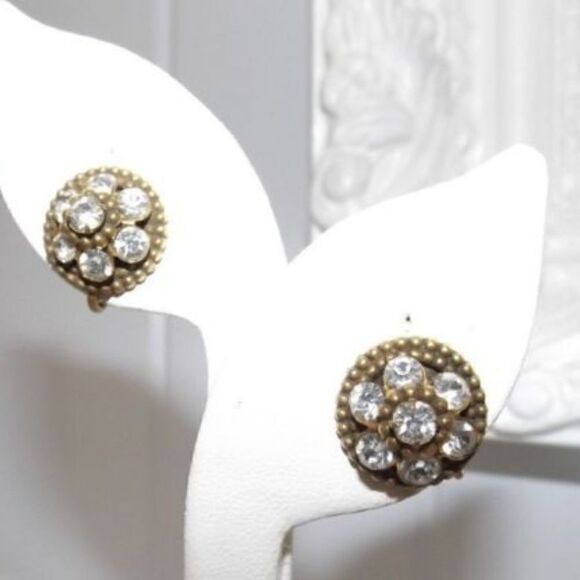 Coro Gold Clear Rhinestone screw back earrings - Picture 2 of 4